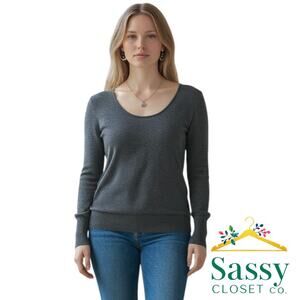 LOFT Charcoal Scoop Neck Sweater Statement Sleeves Back Keyhole Size M